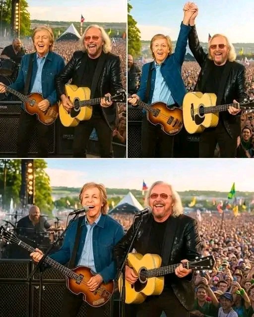 No one expected this. Not like this. Not on this night. When two of Britain’s last living legends—Barry Gibb and Paul McCartney—stepped onto the Pyramid Stage together, the crowd didn’t scream… they froze. What followed was a soul-shaking mash-up of “Words” and “Let It Be” that turned Glastonbury into a cathedral. No pyros. No dancers. Just two voices, two guitars, and one final harmony that felt like a farewell to an entire era. Fans called it a miracle, a resurrection, the greatest duet of the century. 👇