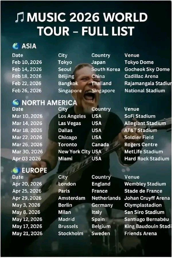 Shockwaves Hit the Plains: Metallica announces their 2026 World Tour promising bigger shows, louder sound, stunning visuals, and explosive energy across every continent worldwide. The band is gearing up to deliver an unforgettable experience that will redefine what a live concert can be….Full Details