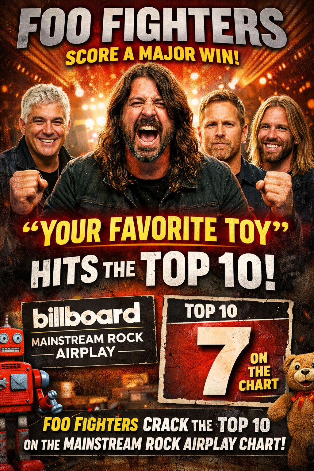 Foo Fighters score a major win as “Your Favorite Toy” enters the top 10 on Billboard’s Mainstream Rock Airplay chart, helping the group to….